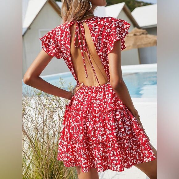 SHEIN Red Frenchy Ditsy Floral Knot Backless A-Line Dress Size Large NWOT 10 371 - Picture 2 of 9